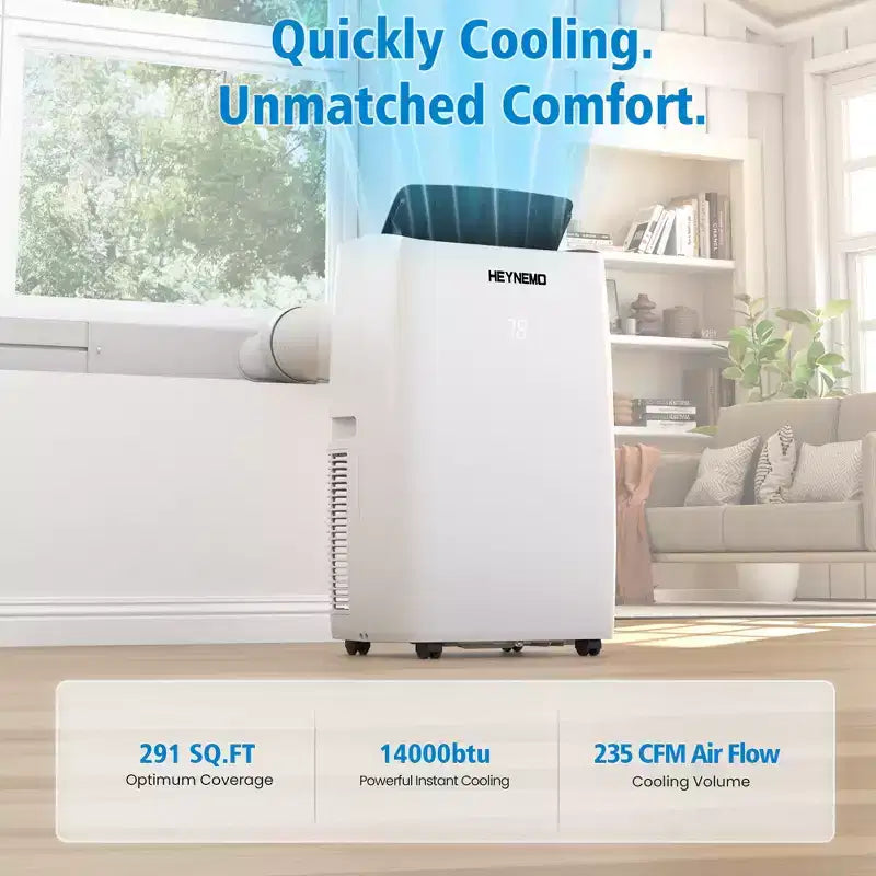 Heynemo 14,000 BTU 3-in-1 Portable Air Conditioner with Heat, Dehumidifier & Fan, Smart WiFi Control, Quiet AC for Bedroom, Office, White