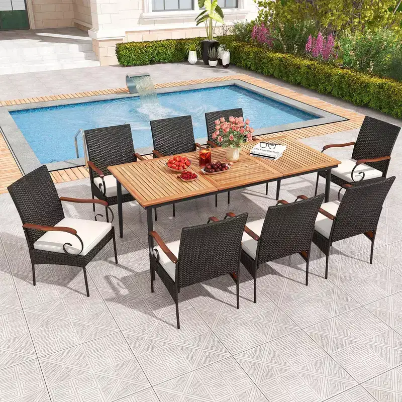 Costway 9 PCS Patio Dining Set with Acacia Wood Tabletop 1.9 Umbrella Hole Outdoor