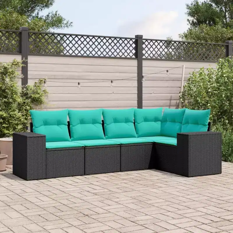 vidaXL Patio Sofa Set with Cushions - 5 Piece Black Poly Rattan Outdoor Furniture for Garden, Terrace, and Backyard