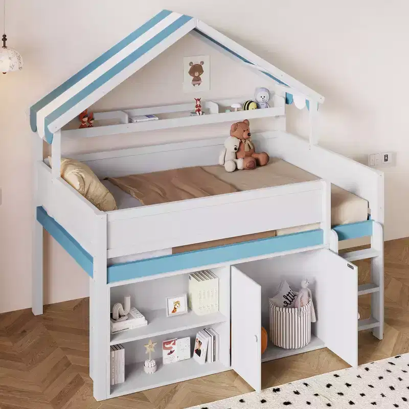 Full Size Loft Bed, House-Inspired Design with Canopy Roof and Storage Cabinet