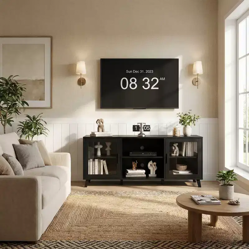 65 Inch TV Stand, Modern Wood Entertainment Center with Storage Cabinets, Media Console Table for Living Room & Office