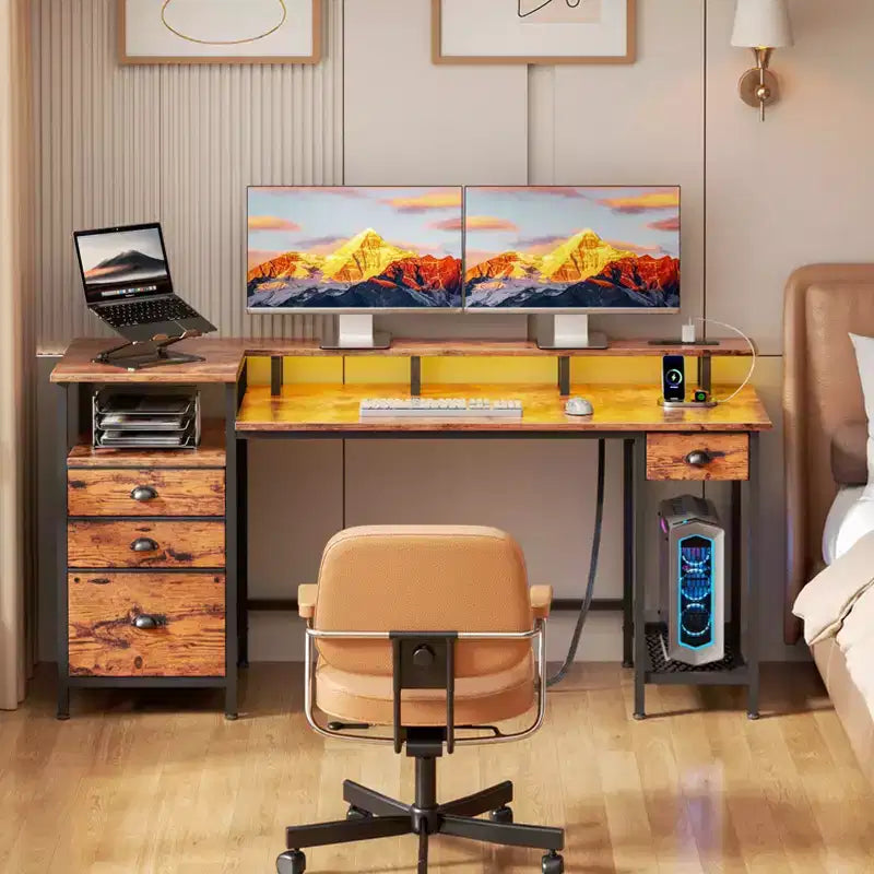 60 Inch Computer Desk with Charging Station Reversible Gaming Desk LED Lights File Cabinet Monitor Stand Rustic Brown Home Office 4 Drawers Shelf
