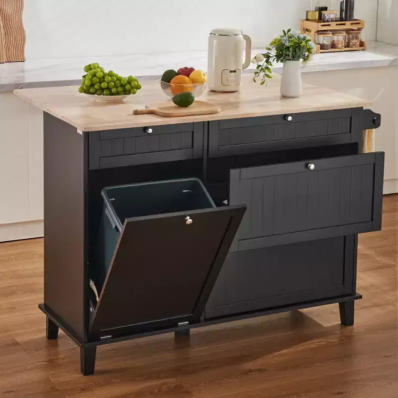 VEVOR Kitchen Island Cart, 50 Wood Top Breakfast Bar with Trash Cabinet Tilt Out 10 Gallon Storage, Farmhouse Dining Living Room Table