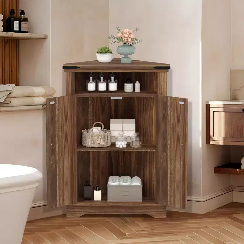 Farmhouse Bathroom Table with Storage Small Corner Cabinet with Barn Doors & Adjustable Shelf for Small Spaces, Kitchen, Living Room