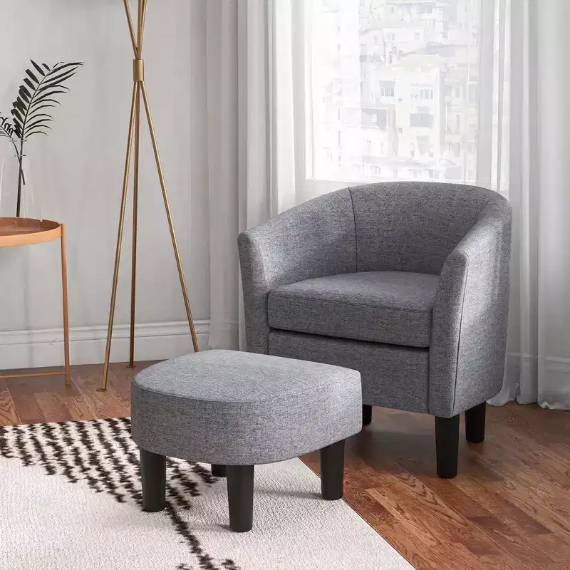 Costway Barrel Club Chair with Ottoman Set Footrest Curved Back & Removable Seat Cushion Grey/Beige