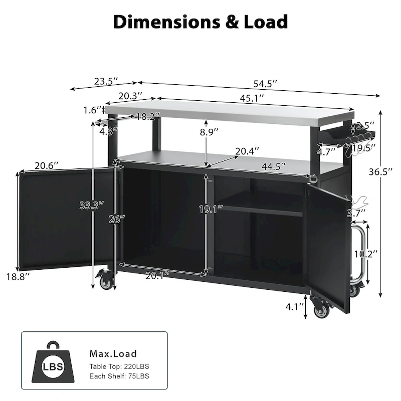 Îlot de cuisine extérieure avec plateau en acier inoxydable, chariot de barbecue en métal avec meuble de rangement - Non applicable