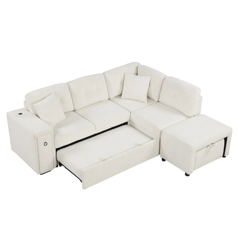 L-Shaped 4-Seat Sectional Sofa with Pull-Out Bed, Ottoman, USB Ports & Drop-Down Table