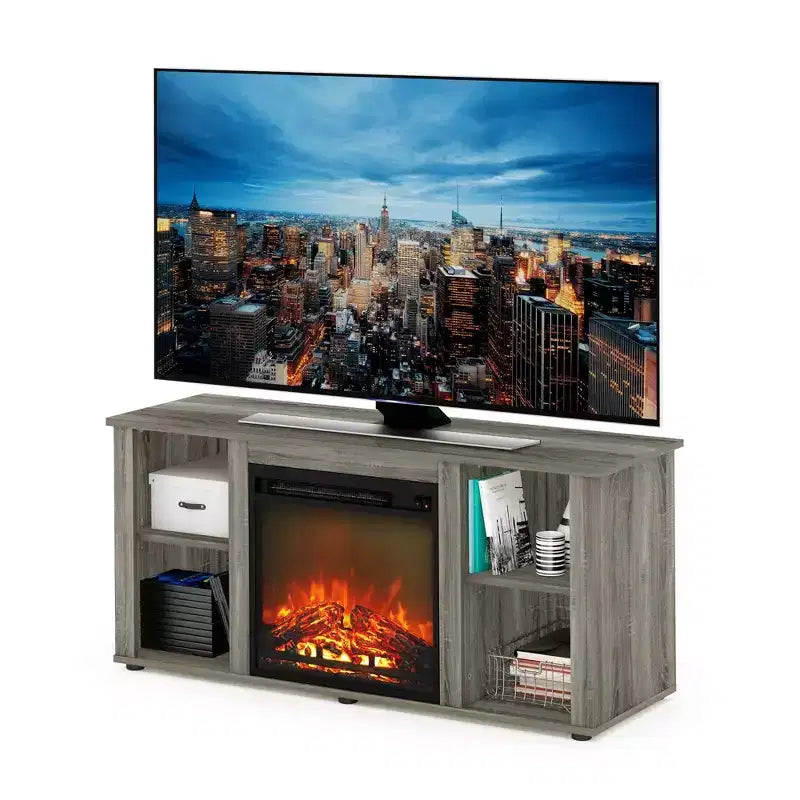 Furinno Fireplace TV Stand Entertainment Center TV Console Cabinet w/Open Storage Shelf for TV up to 55,French Oak Grey