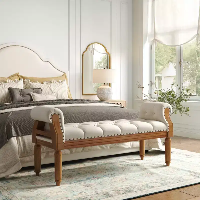 Upholstered Bed Bench Classic Button-Tufted Ottoman Mid-Century Entryway Shoe Bench Padded Vanity Stool Footstool with Rolled Arms - ModernLuxe