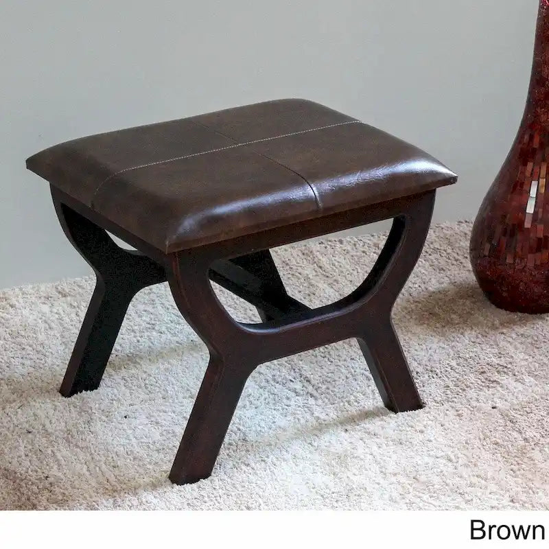 Rectangular Vanity Stool, Faux Leather Upholstery, Dark Brown Finish, 4-Leg Frame