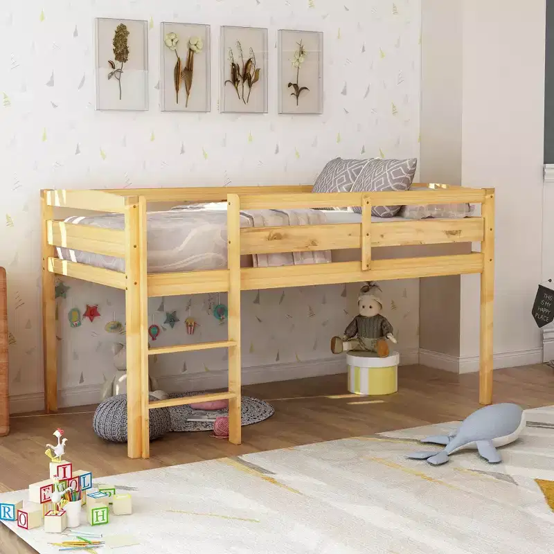 Bellemave Low Loft Bed with Ladder, Wood Loft Bed Twin Size for Adults, Kids and Young Teens, Wood Slat Support Walnut