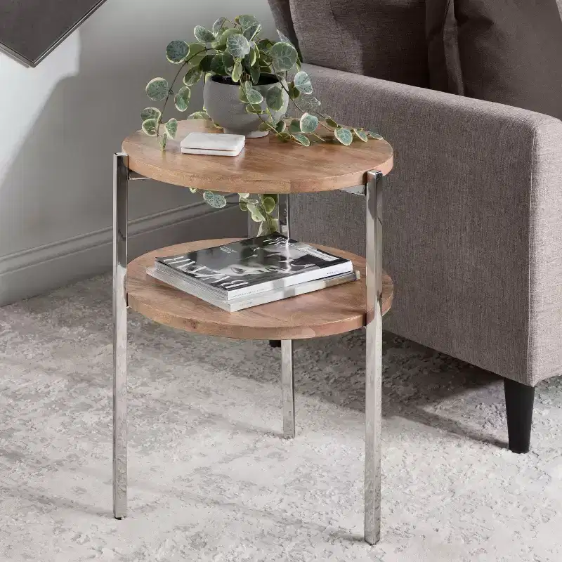 Kate and Laurel Lamaar Round Wood Side Table, 19x19x25, Natural and Silver