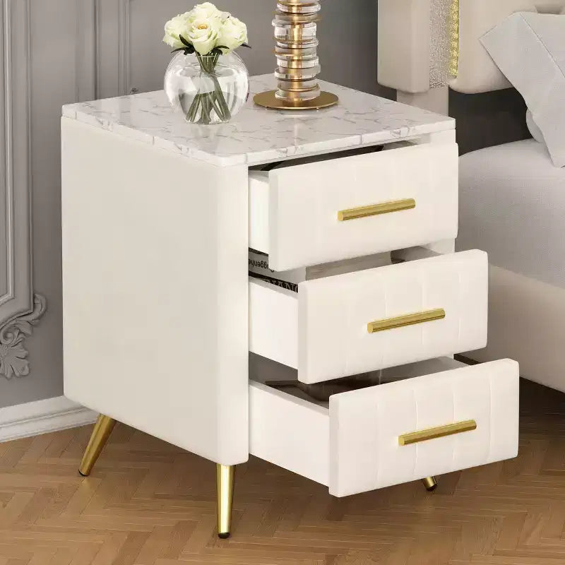 Modern Upholstered Nightstands with Drawer, Faux Marble Top and Gold Metal Legs, Elegant Bedside Tables for Bedroom or Sofa Side