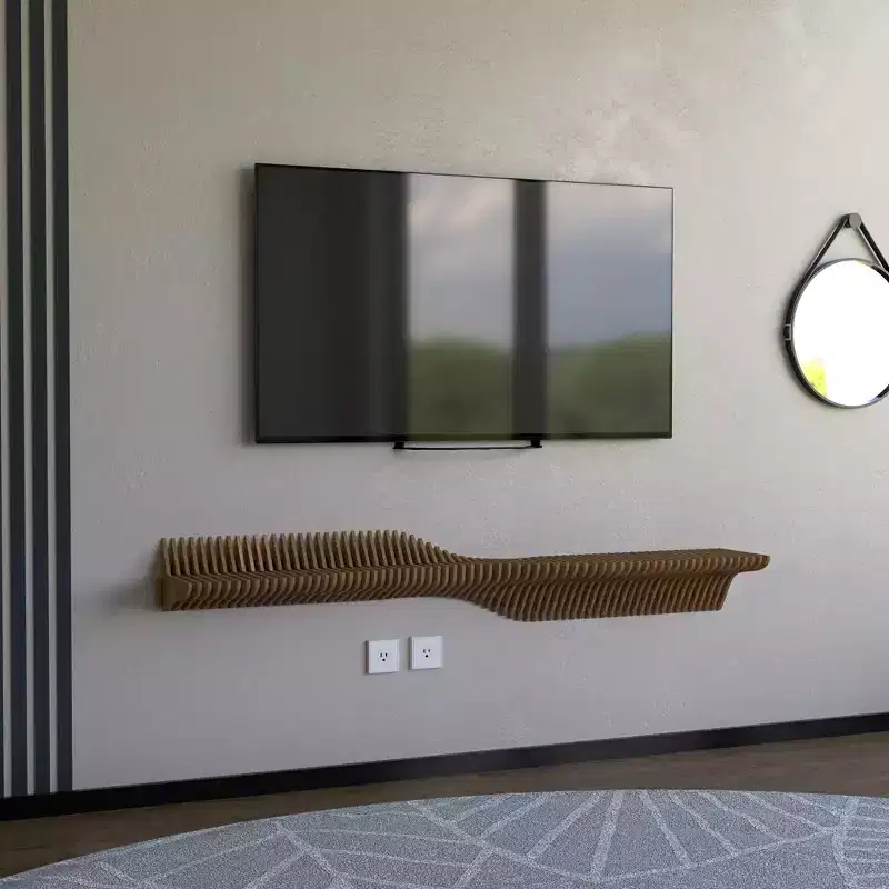 Wear Sierra BATAMEX Parametric 60 inch Floating Shelf TV Unit Modern Geometric Wooden Wall Piece Decor Natural Oak Color 3D Wavy LivingRoom Shelf