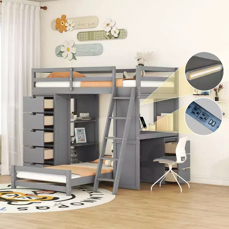 Whisen Twin over twin Bunk Bed with Drawers, Shelves, Desk, LED Light and Charging Ports