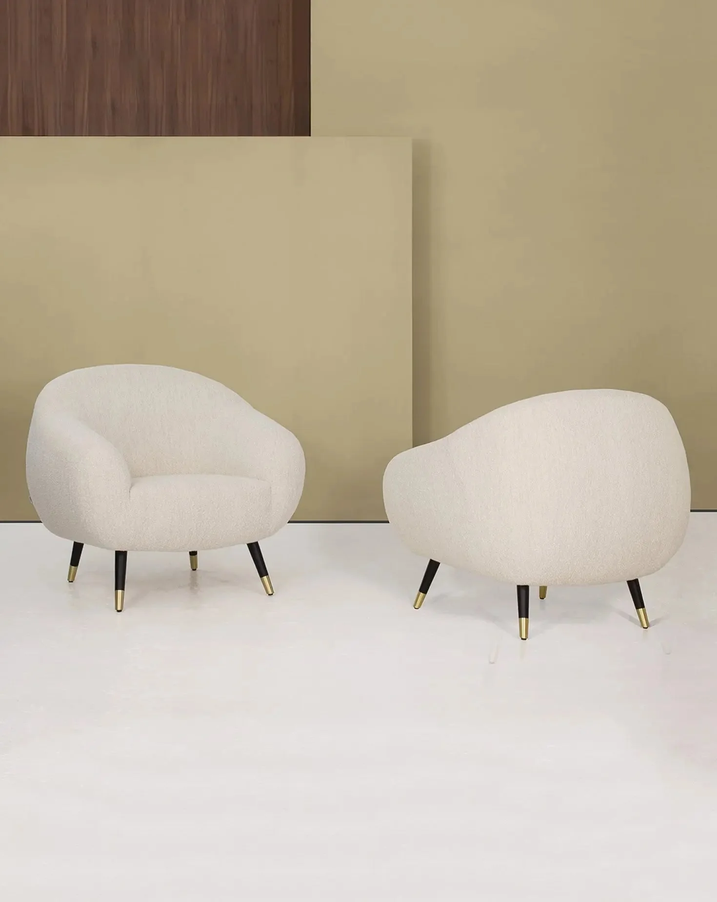 Sculptural Curved Oak Base Brass-Foot Upholstered Armchair