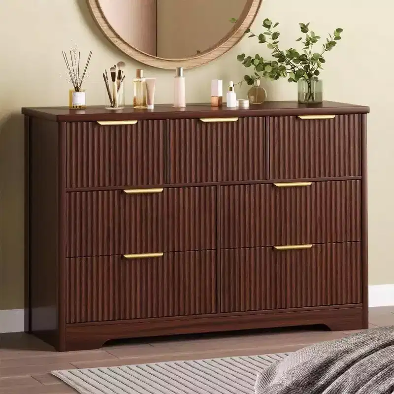 Fluted 7-Drawer Dresser, 47.24 Wide Modern Chest with Metal Handle for Bedroom, Walnut