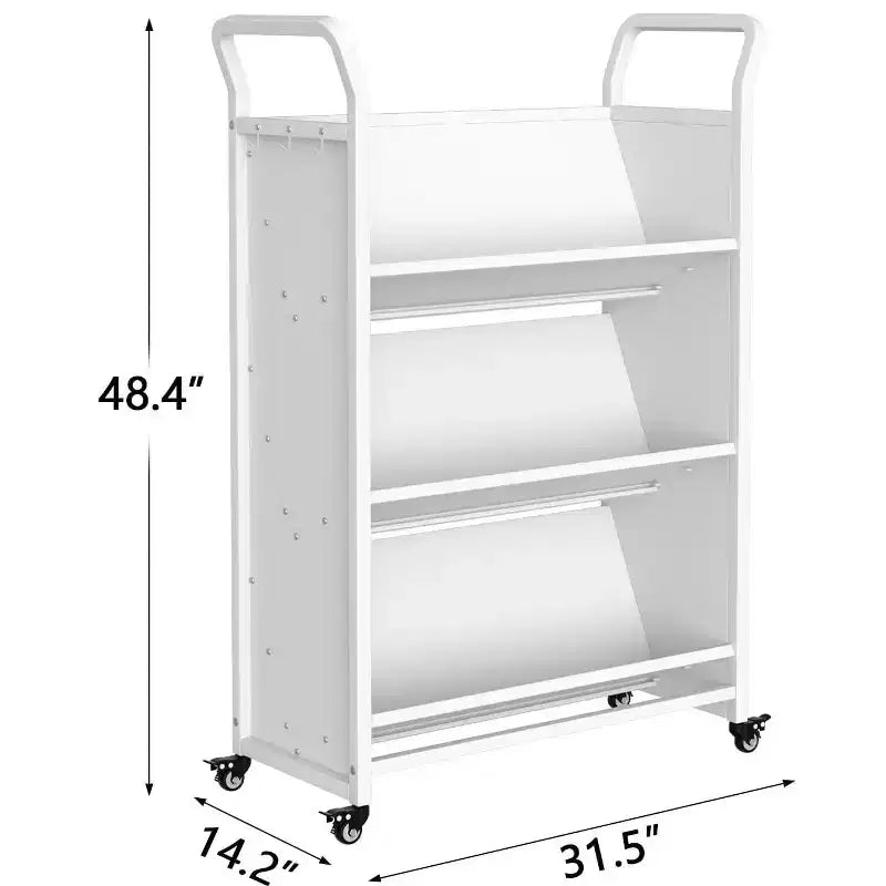 3-Tier Metal Rolling Storage Cart with Lockable Wheels and Side Hooks, White Finish, Versatile Shelving Unit for Home, Library, School, and Office