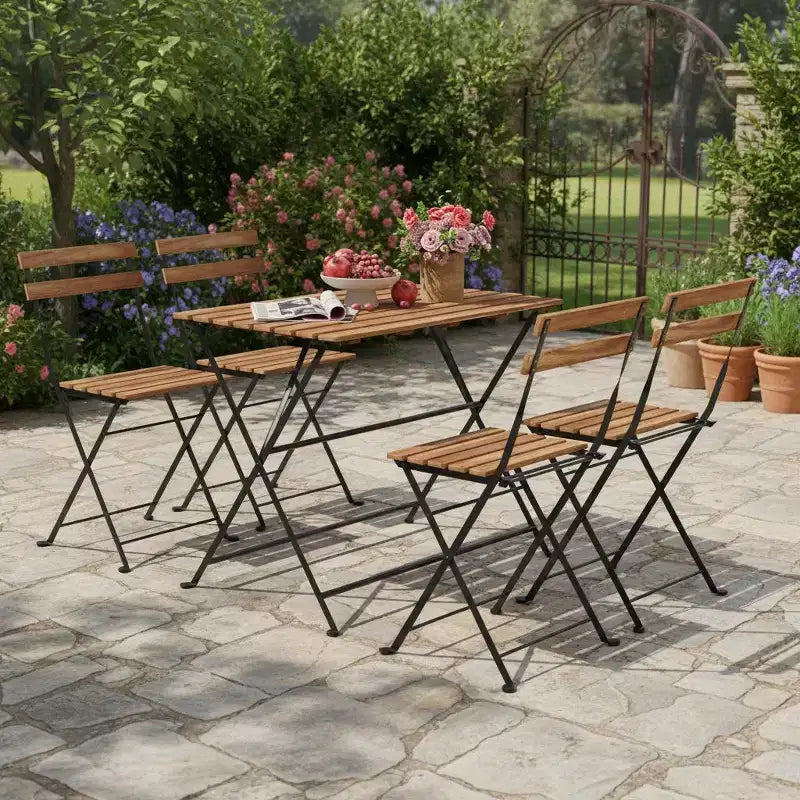 Gymax 5-Piece Patio Dining Set Acacia Wood w/ Foldable Chairs Featuring Slatted Seats & Tabletop Sturdy Metal Frames for Outdoor and Indoor