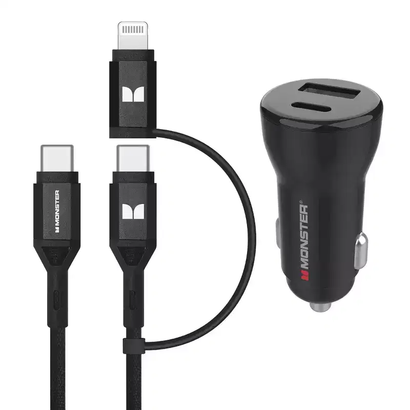 Monster 35W Dual Port 6' Long Cable Car Charger Bundle 1 USB-C and 1 USB-A Port