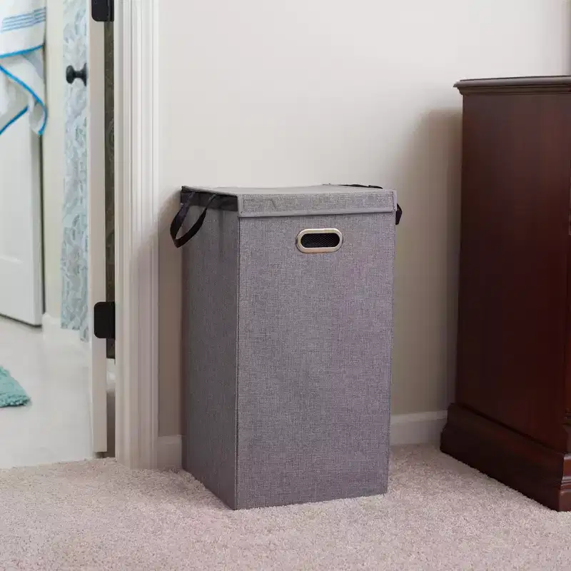 Laundry Hamper with Lid, Sturdy Polyester Sides with Attached Magnetic Lid, Gray