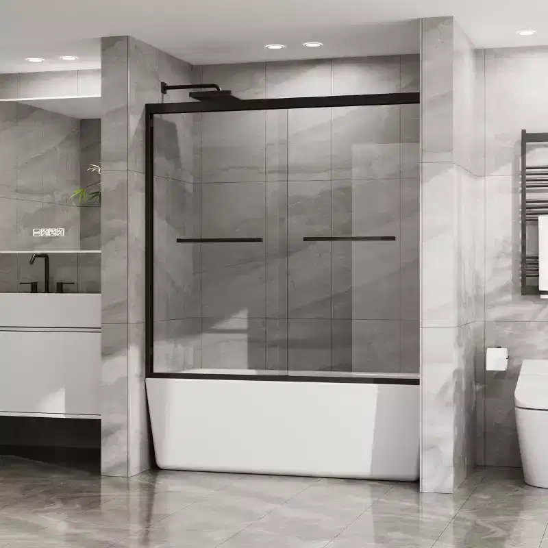 MAYEERTY Double Sliding Bathtub Shower Door Aluminum Framed Shower Door for Tub with Tempered Glass, Stainless Steel Hardware, Black, 58 in x 60 in