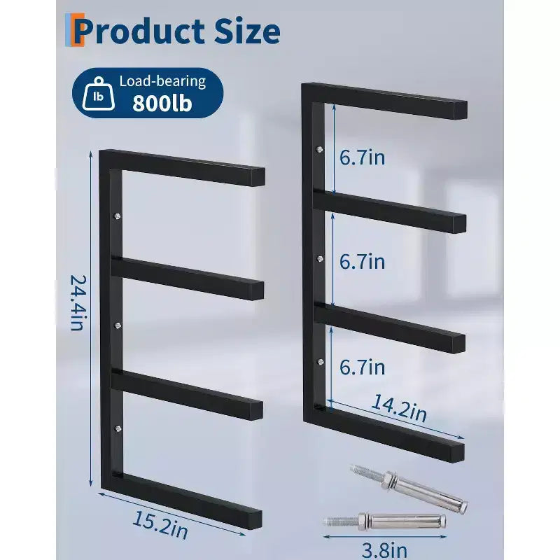 Lumber Storage Rack, Wood Organizer  Set of 8 4-Tier Wall Mount Heavy Duty Steel Shelves 3200LBS Capacity for Shed Workshop Garage Black