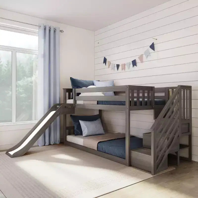 Max & Lily Twin Over Twin Low Bunk Bed with Slide and Stairs, Solid Wood Kids Platform Bed with 14 Guardrails
