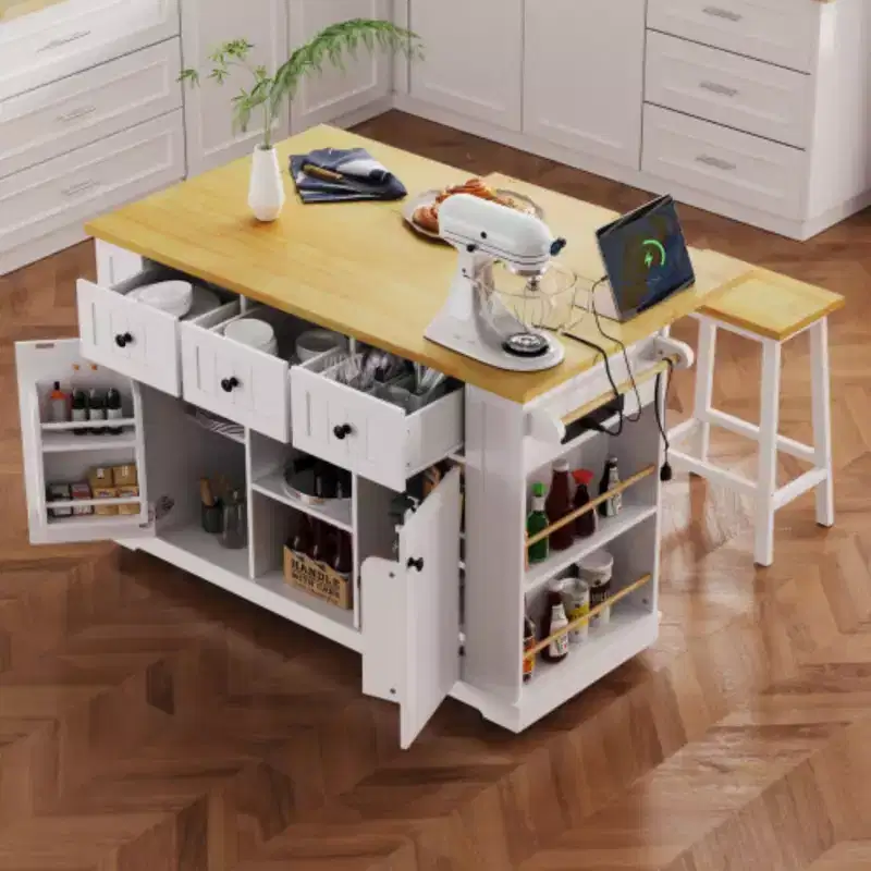 53 inch White Large Kitchen Island with Drop Leaf, Rolling Kitchen Cart on 5 Wheels with 5 Open Side Racks for Kitchen Dining Room
