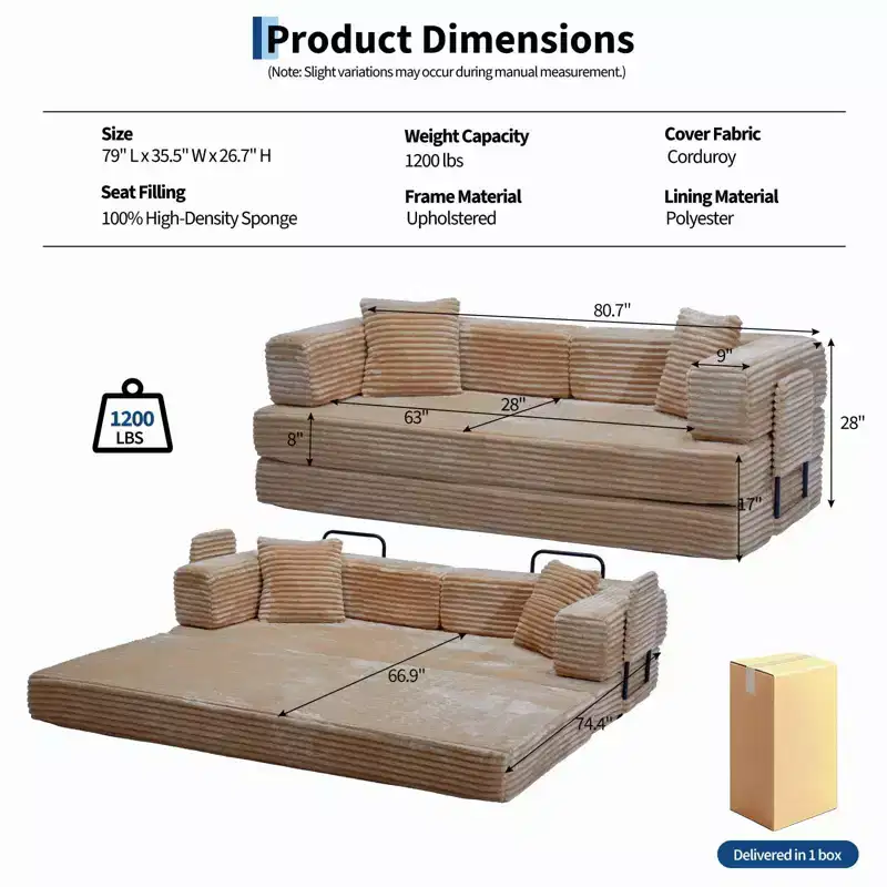 80.7 5-in-1 Convertible Sleeper Sofa Bed �?Corduroy, 1200 lbs, No Assembly
