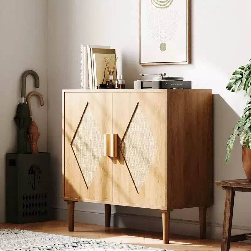Rattan Buffet Cabinet with 2 Decorated Doors and Adjustable Shelf