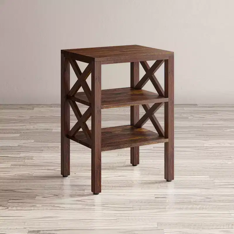 Jofran, Global Archive Solid Wood Rustic Modern X-Side Accent Table with Two Shelves, Red