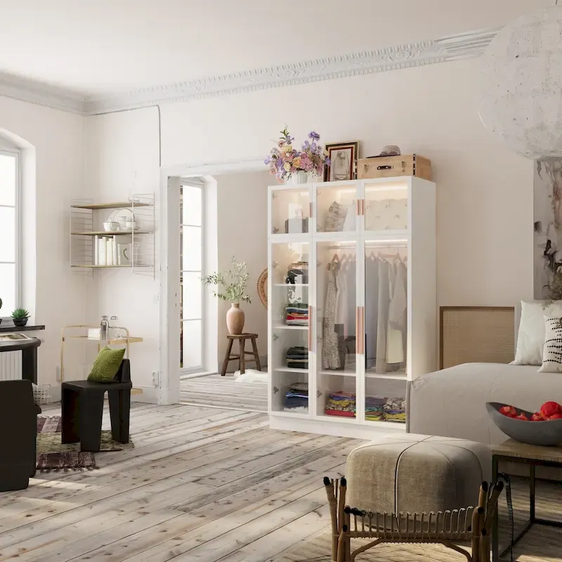 Armoire de rangement avec éclairage LED et portes entièrement vitrées, style dressing.