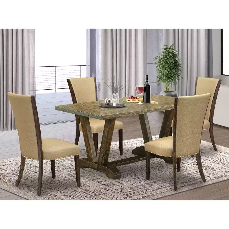 HomeStock 5-Piece Distressed Jacobean Finish Solid Wood Top Dining Table with 4 Upholstered Chairs