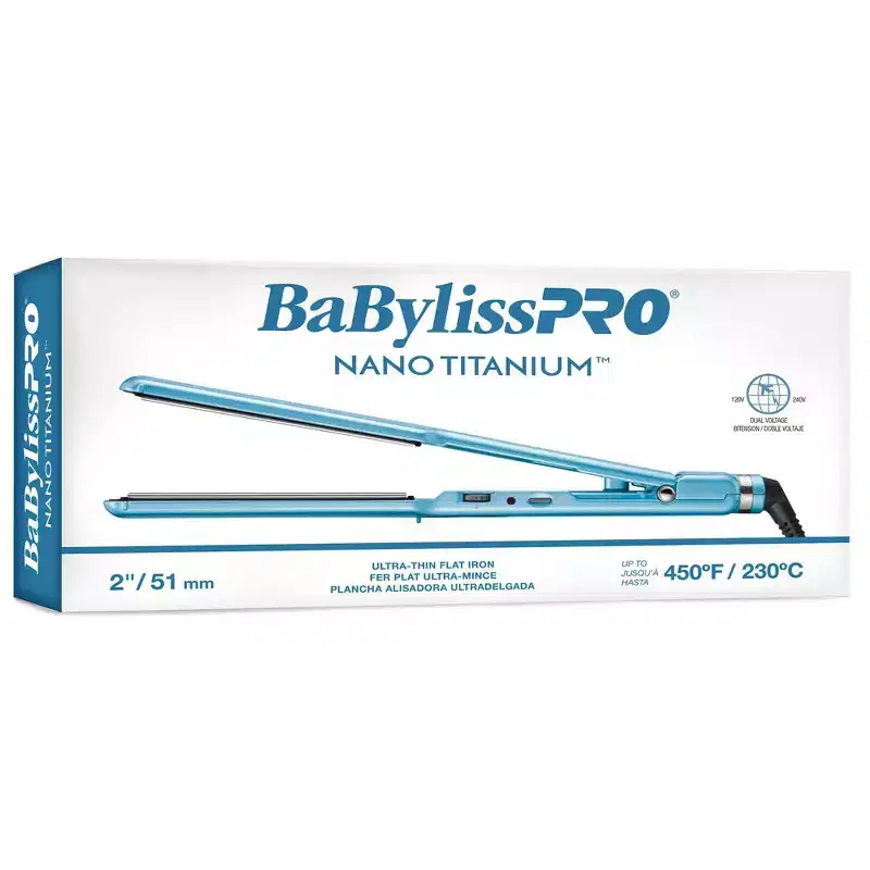 BaBylissPRO Nano Titanium Ultra-Thin Straightening Flat Iron - Blue - 2": For All Hair Types, 450°F Max Heat, 50 Settings