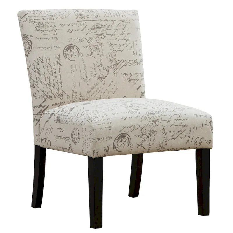 French Script Upholstered Accent Chair | Taupe & Cream | Espresso Legs | 23.25W
