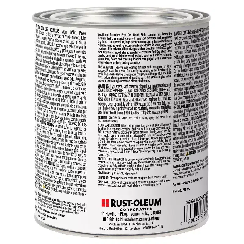 Rust-Oleum 2pk Varathane Premium Fast Dry Wood Stain Quart Weathered Gray: Interior Oil-Based, 275 Sq Ft Coverage