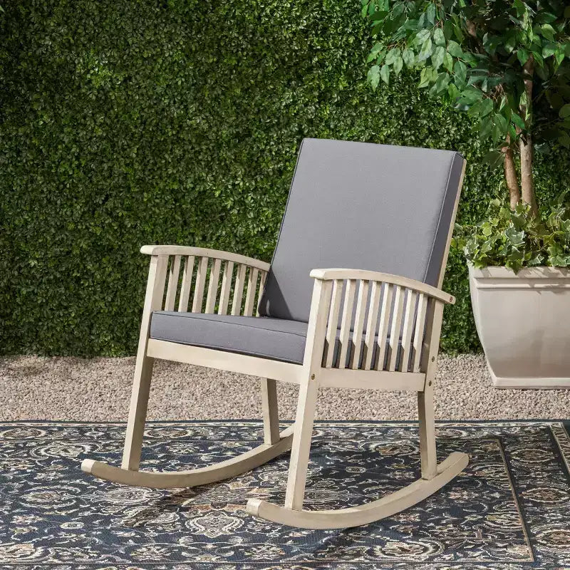 TUYOHW Premium Acacia Patio Rocking Chair,Boho Style Outdoor Accent Chair,Set of 1,Upholstered Leisure Chair for Porch,Backyard & Garden,Gray