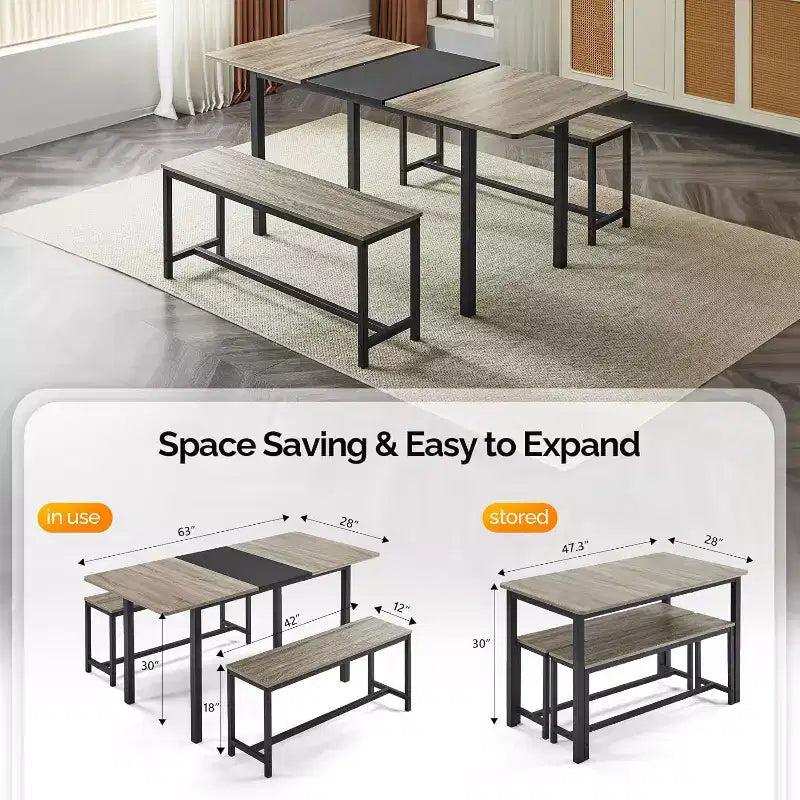 VINGLI Extandable Dining Table Set for 4-6, Foldable Expandable Table Set 2 Benches, Folding Kitchen Table for 6