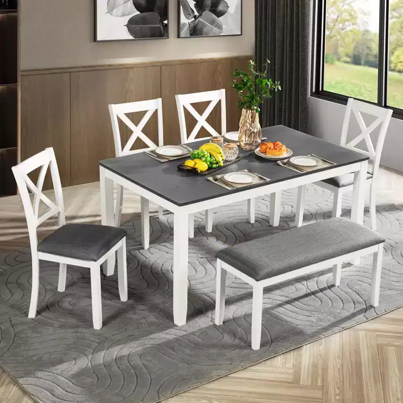 GDFStudio Alvarez Modern 6 Piece Upholstered Rubberwood Dining Chairs and Bench with Rectangular Dining Table