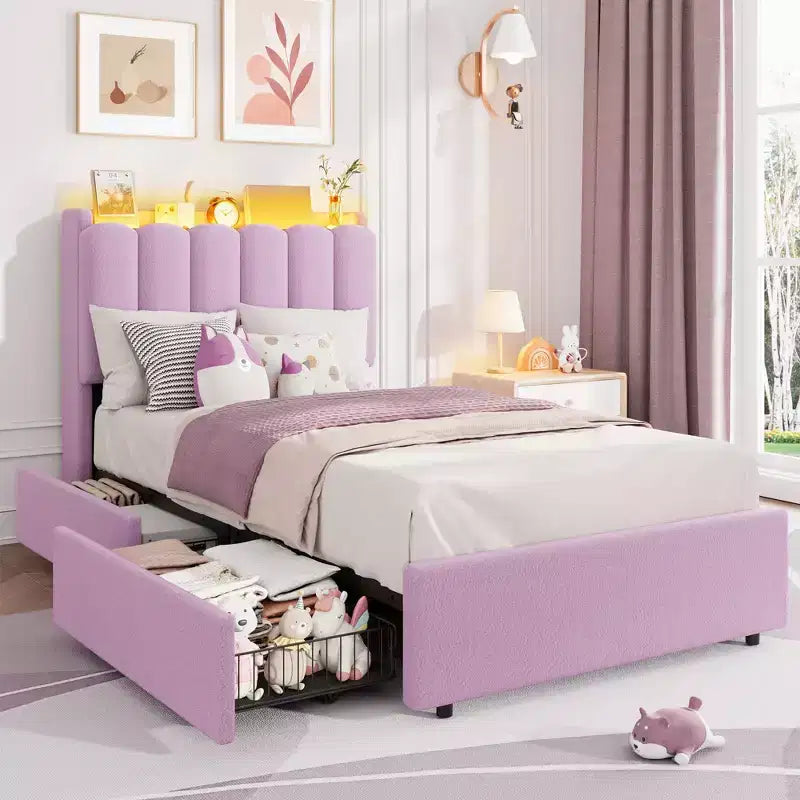 Acekool Bed with Bookcase Headboard, Drawers & RGB LED, Wavy Storage Bed Frame for Kids Bedroom