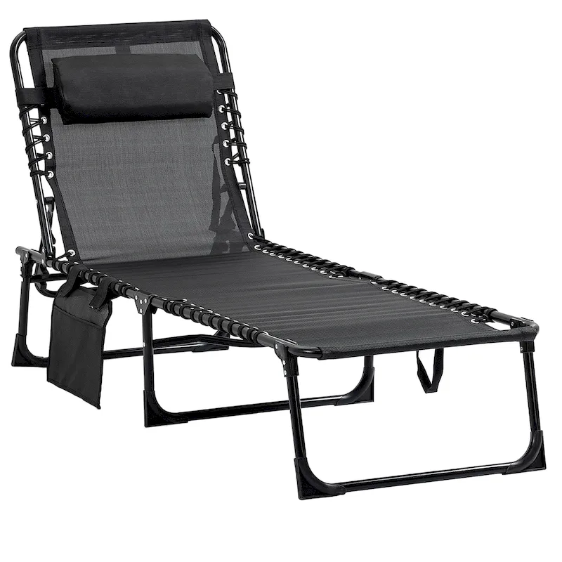 Outsunny Reclining Chaise, Portable Sun Lounger, Folding Camping Cot with Adjustable Backrest and Removable Pillow