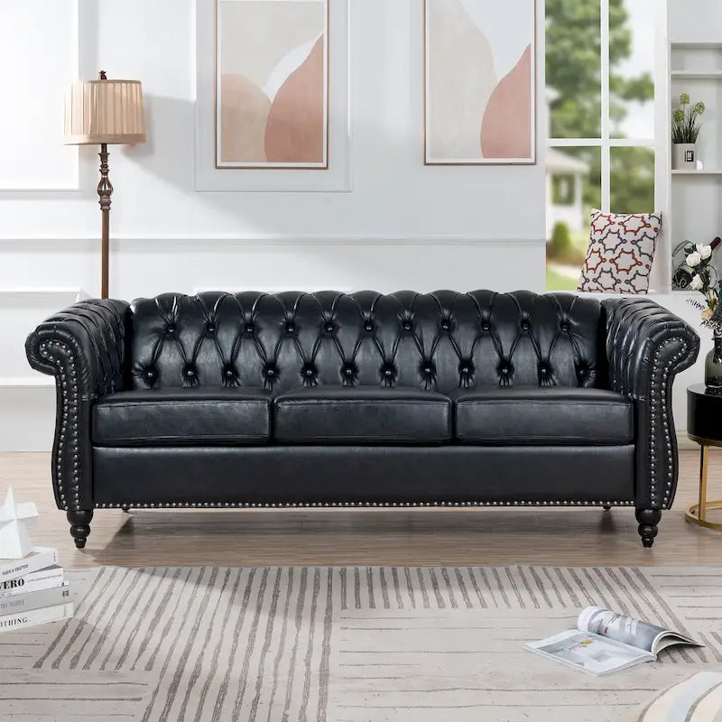 84 Mid-Century Modern 3-Seater Chesterfield Sofa, PU Leather, Birch Legs, 660 lbs