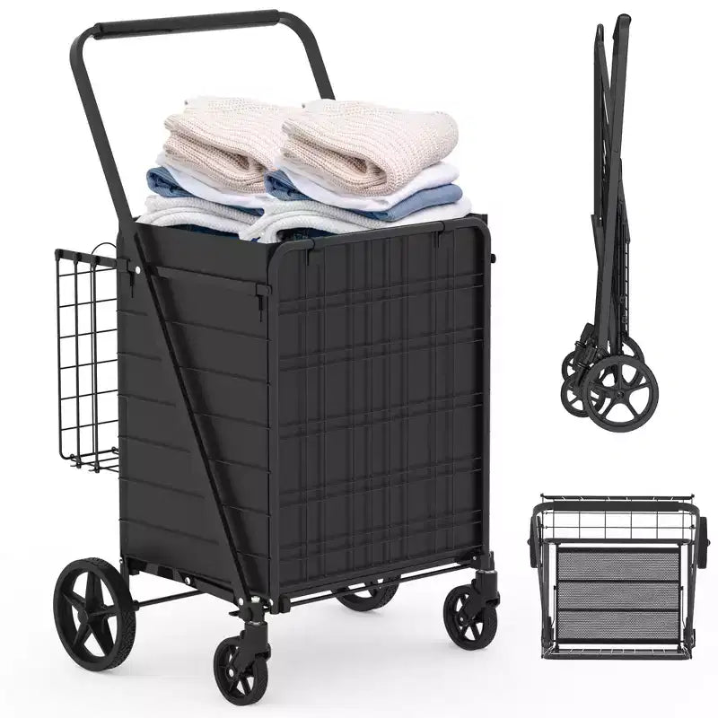 Foldable Heavy-Duty Shopping Cart with Tall Handle, Dual Baskets and Waterproof Liner