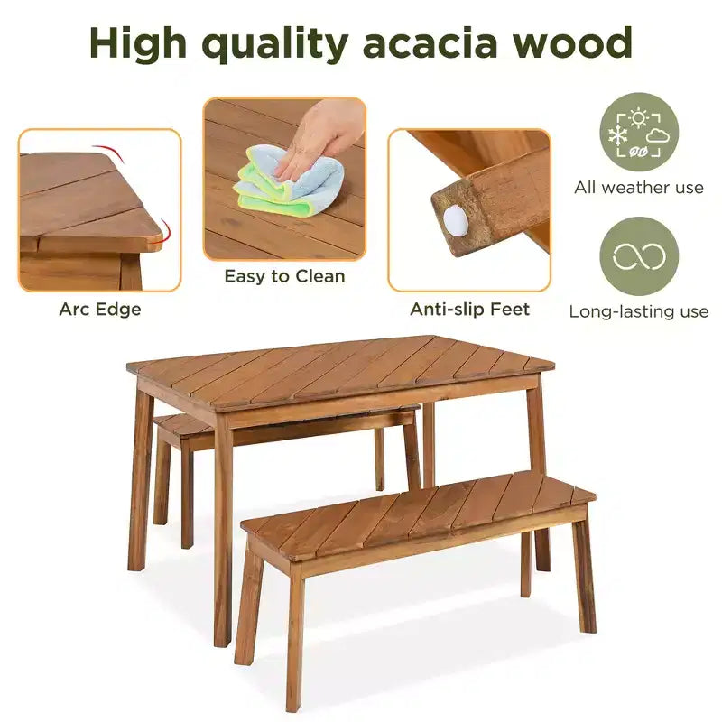 3pc Outdoor Patio Acacia Wood Table Bench Dining Set, Picnic Beer Table With 2 Benches 4A, Natural -ModernLuxe