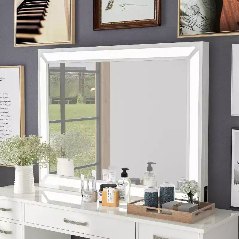 Contemporary LED Mirror with USB Port and 2 Pocket Drawers - Luminous White