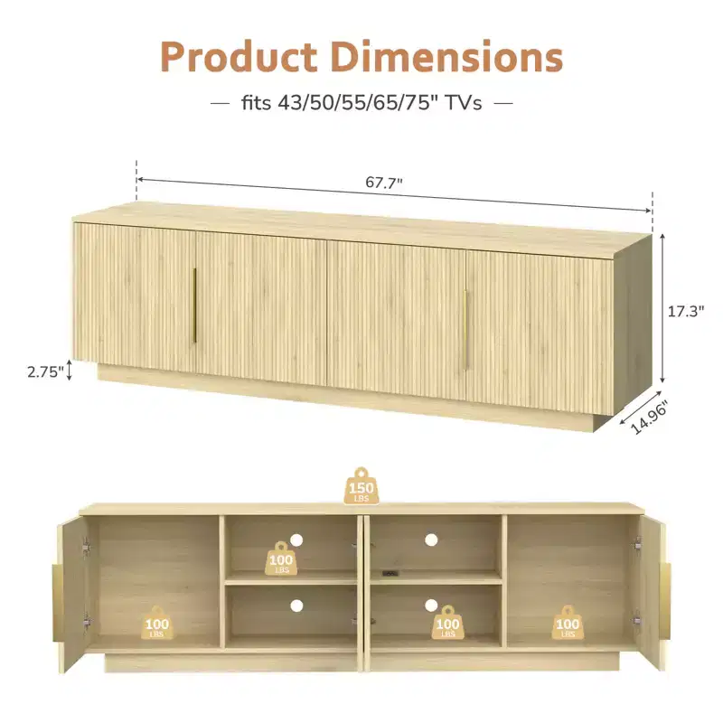 Zevemomo 67.7 Fluted TV Stand for TVs up to 75 with 16 Color LED Strip Lights, 6 Storage Compartments for Living Room, Natural Oak