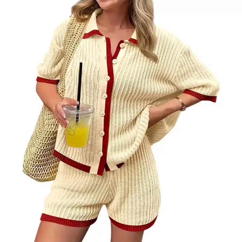 Imily Bela Womens 2 Piece Short Sets Summer Sweater Outfits Short Sleeve Collared Tops Vacation Color Block Knit Lounge Sets