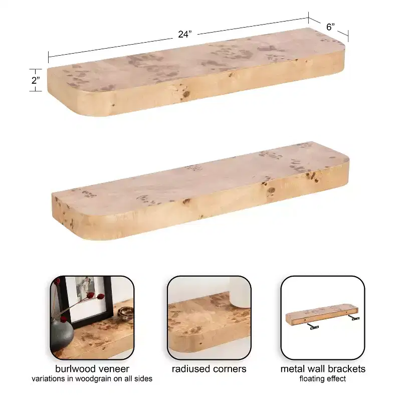 Kate and Laurel Burlock Floating Wall Shelves, Natural, 2 Piece 24 Inch