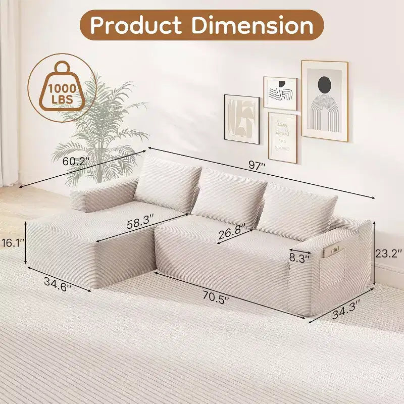 MooxvMoo 97 L-Shaped Modular Sectional Sofa, Boneless Couch with Left Facing Chaise, Deep Seats for Living Room, White